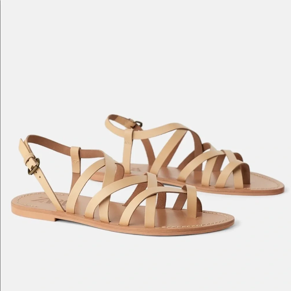 🤍 Zara Vachetta LEATHER FLAT SANDALS WITH STRAPS 6624/001 - Picture 2 of 9